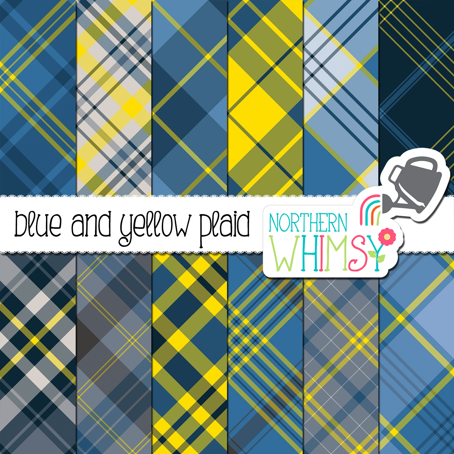 Blue and Yellow Seamless Diagonal Plaid Digital Paper Northern Whimsy