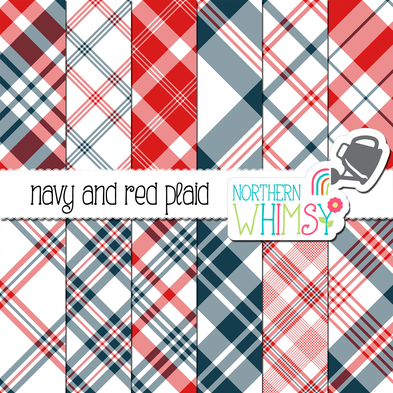 Navy and Red Seamless Diagonal Plaid Northern Whimsy Design